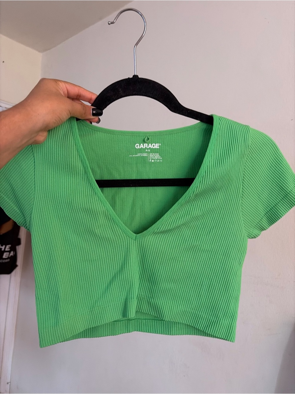Garage Bright Green Ribbed V-Neck Short Sleeve Top